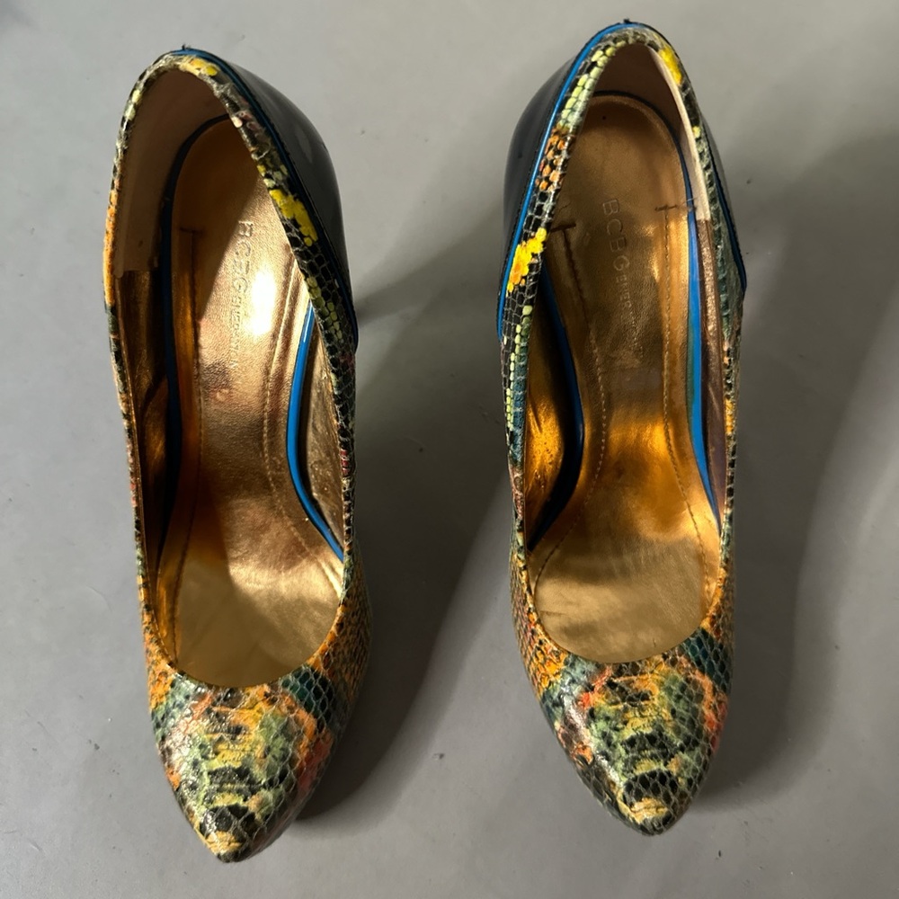 BCBG Multicolor Snakeskin Heels